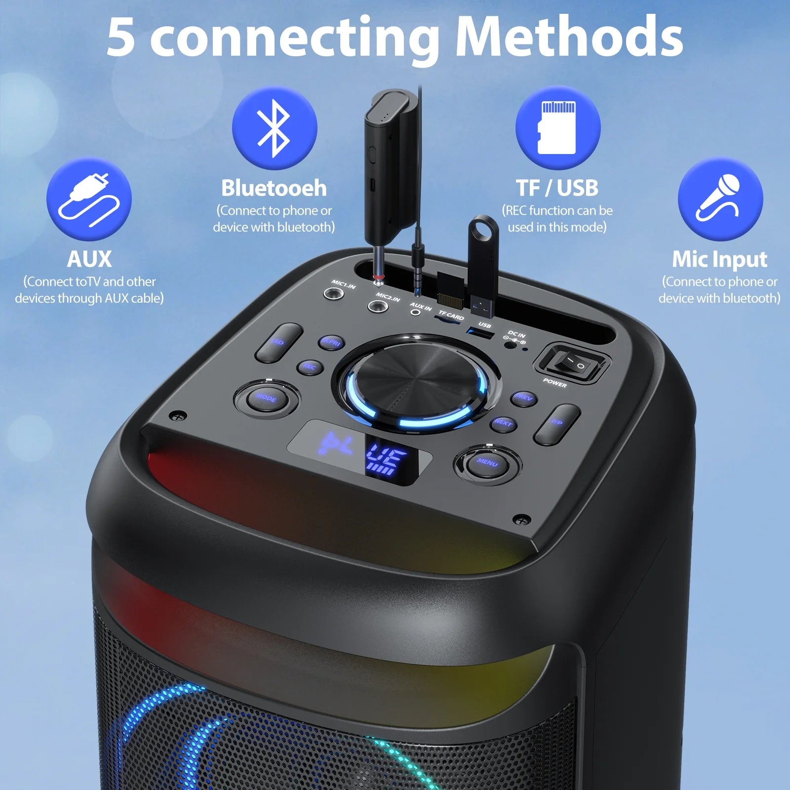 Large Party Speaker, Bluetooth Speaker with Dazzling Rgb Light, Two 6.5'' Subwoofer, T20